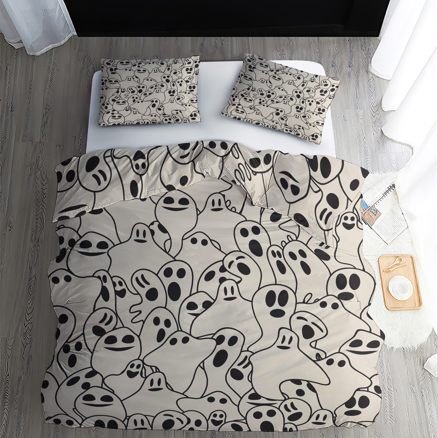 TANCAPRIUM Halloween Bedding Queen Size, Spooky Ghost Duvet Cover Set & Bedroom Decor - Cozy Soft Breathable Microfiber, 2 Pillow Shams, with Zip Closure & Corner Ties - No Comforter