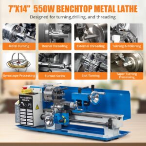 Upgraded Metal Lathe 7x14inch, Precision Bench Top Mini Metal Lathe 550W Precision Metal Lathe Variable Speed 0-2500 RPM Metal Gear with A Movable Lamp