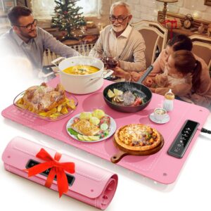 food warming mat for buffet,electric warming tray with 4 temperatures setings and 1/3/5h timer,full surface heating food warmers for parties buffets holidays daily use to keep food warm（pink）