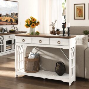 funitydg,43" Console Tables for Entryway with Drawers, Farmhouse Entryway Table with Shelf, Narrow Long Entry Table with Solid Wood Legs, Rustic Vintage Sofa Foyer Tables for Entryway, White