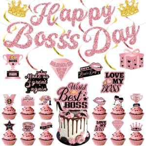 happy boss’s day party decorations supplies - women boss day banner boss day hanging swirls boss's party cake topper for lady boss day party supplies