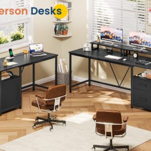 UPOSOJA 67in L Shaped Computer Desk with Power Outlets, 90.5in Long Home Office Desks with 2 Monitor Stands, 2PC Small Corner Table, Storage Cabinet Rack Drawers(Black)