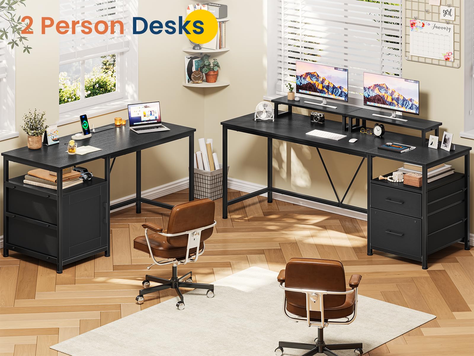 UPOSOJA 67in L Shaped Computer Desk with Power Outlets, 90.5in Long Home Office Desks with 2 Monitor Stands, 2PC Small Corner Table, Storage Cabinet Rack Drawers(Black)