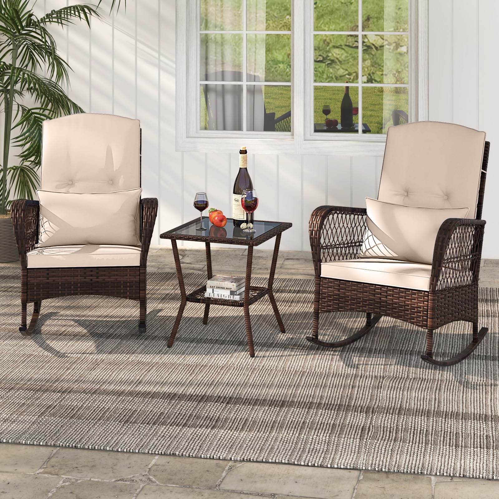 RELAX4LIFE 3-Piece Rocking Bistro Set - Rattan Wicker Rocking Chairs w/2-Tier Coffee Table, Cushions & Pillows, Conversation Rocker Set for Porch Garden Backyard, Outdoor Patio Furniture (Beige)