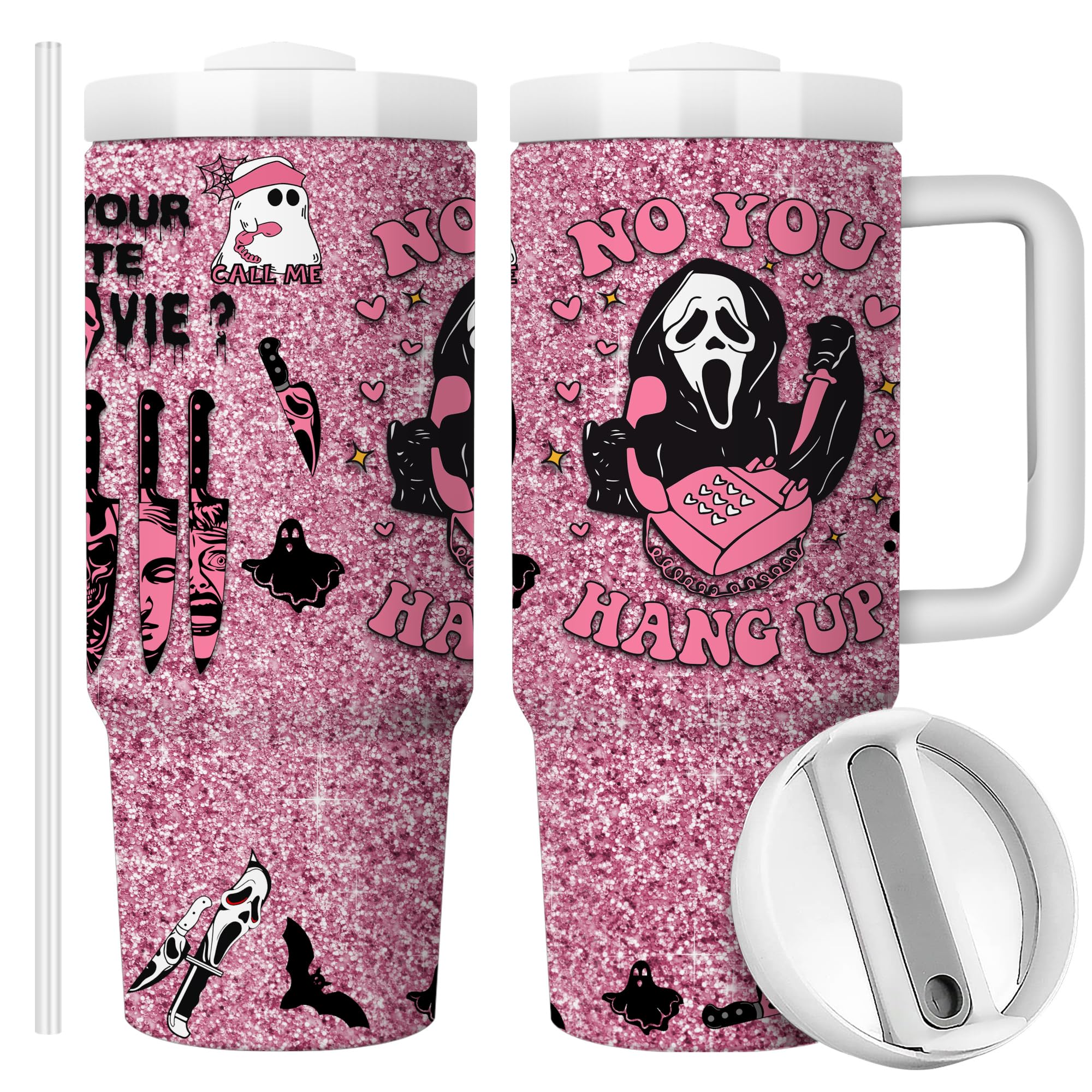 Equoza Horror Scary Face Halloween Ghostface Tumbler for Women Girls - Spooky Vibes 30oz Horror Scary Face Theme Decor Insulated Cup with Lid -Vacuum Stainless Steel Coffee Mug Stemless Cup