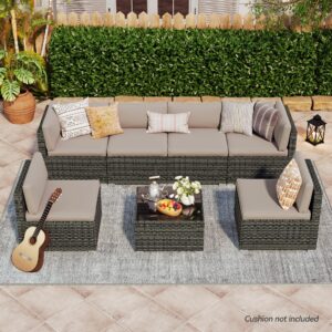 Covered Outdoor Patio Furniture Set, 7 Pieces Patio Furniture Sets with Glass Table, All-Weather PE Wicker Outdoor Couch Sectional Set, Outdoor Furniture Set for Garden/Patio/Ottoman, Grey