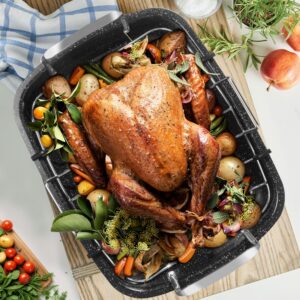 RavisingRidge Roasting Pan with Rack, 17 x 13 Inch Nonstick Turkey Roaster with Steel Handles – Ideal for Ovens, Lasagna, Meat & Vegetables, Perfect for Thanksgiving & Christmas (Black)