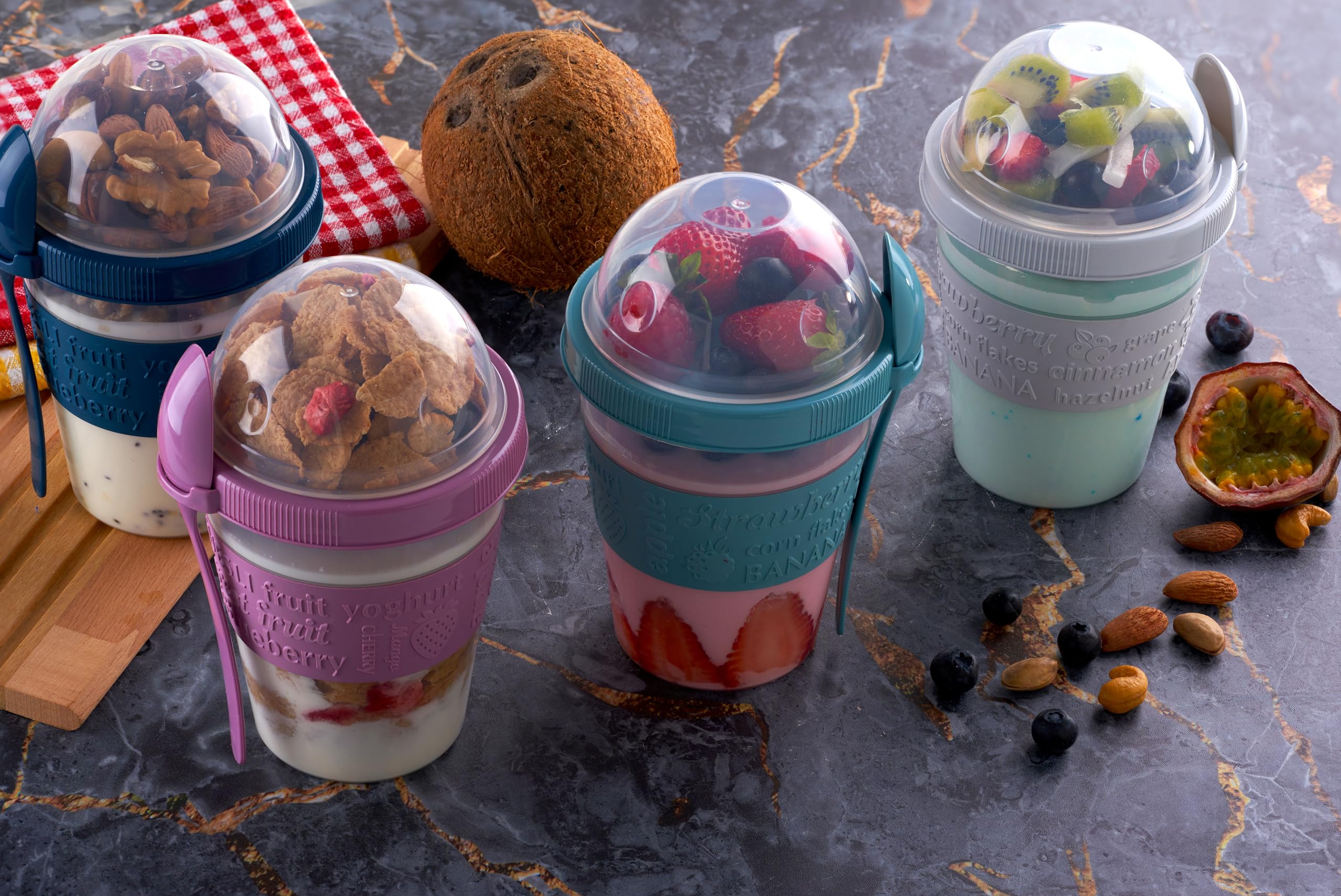 BCS 4 Pack Yogurt Parfait Cups with Lids Reusable Take and Go Yogurt Containers with Lids and Spoons Overnight Oats Containers Breakfast on the Go Durable Cups with Topping for Cereal Granola (20 oz)