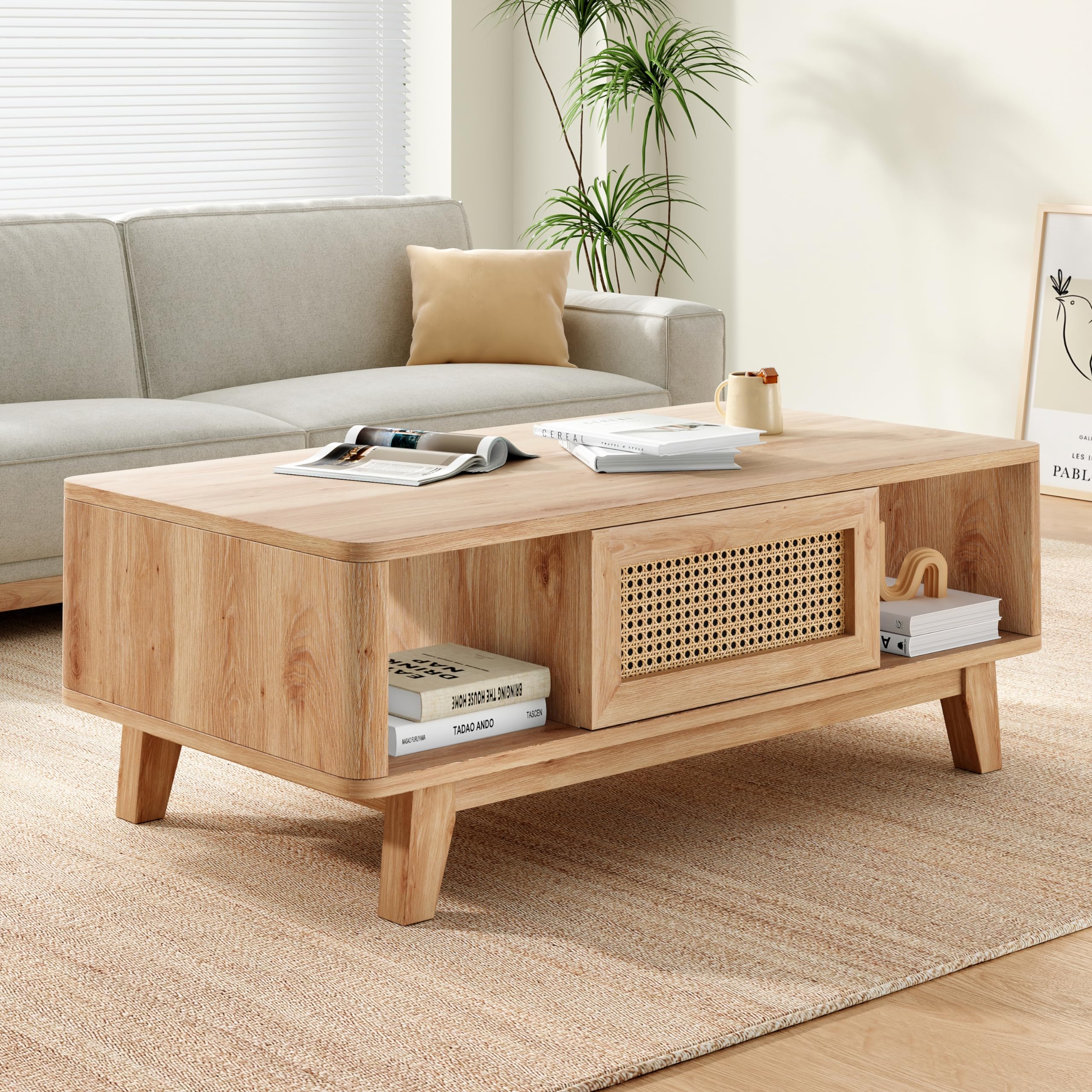 PASBAS Coffee Table, Mid Century Modern Coffee Table with Rattan Drawer, Wood Coffee Table for Living Room, Rattan Living Room Table with Storage, Woven Wooden Coffee Table Support Up to 110 LBS