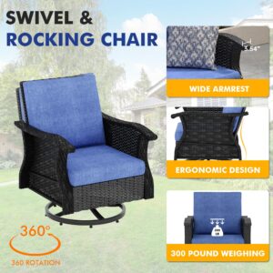 KICOFI Manual Weaving Wicker Patio Furniture Set 3 Pieces, Outdoor Swivel Rocking Chairs with Side Table, Patio Conversation Set with Comfy Cushions for Backyard, Garden, Balcony, Poolside Denim Blue