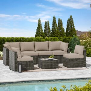 covered outdoor patio furniture set, 7 pieces patio furniture sets with glass table, all-weather pe wicker outdoor couch sectional set, outdoor furniture set for garden/patio/ottoman, grey