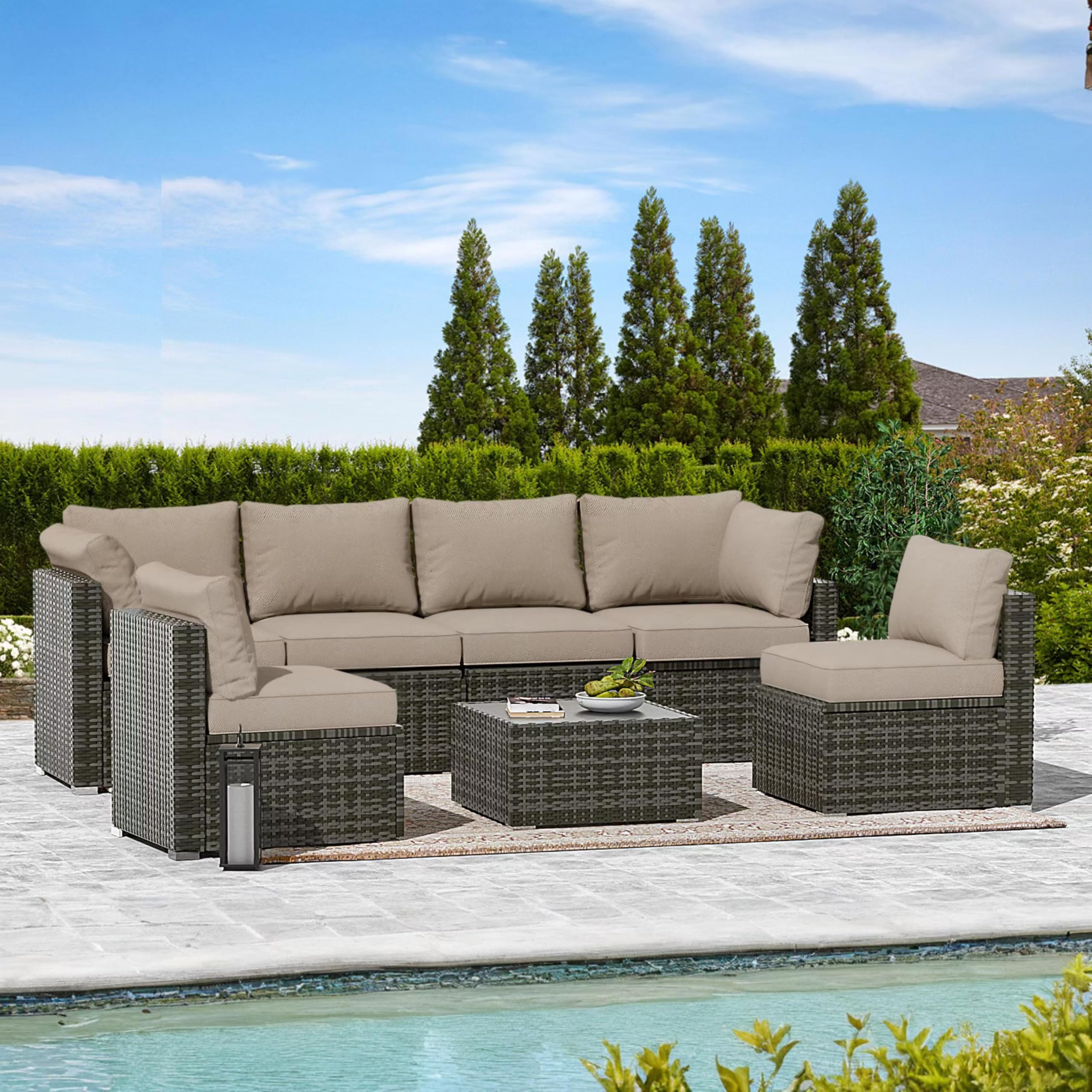 Covered Outdoor Patio Furniture Set, 7 Pieces Patio Furniture Sets with Glass Table, All-Weather PE Wicker Outdoor Couch Sectional Set, Outdoor Furniture Set for Garden/Patio/Ottoman, Grey