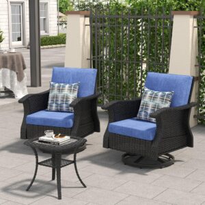 kicofi manual weaving wicker patio furniture set 3 pieces, outdoor swivel rocking chairs with side table, patio conversation set with comfy cushions for backyard, garden, balcony, poolside denim blue