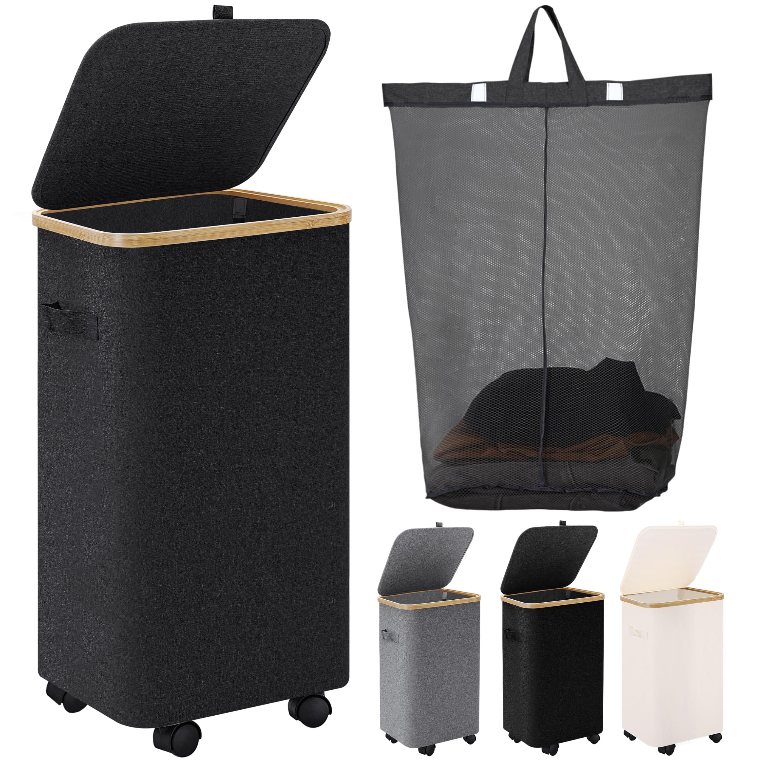 Black Laundry Hamper with Lid and Wheels,Rolling Laundry Basket with Handles Foldable Dirty Clothes Hamper Wheeled Laundry Hamper for Bedroom Dorm Laundry Room-75L