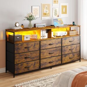 EnHomee 55” W Dresser, Rustic Brown Dresser for Bedroom with Power Outlet & LED Lights for 65" TV Stand Bedroom Dresser with 9 Fabric Drawers, Long Sturdy Dressers for Bedroom, Closet, Entryway