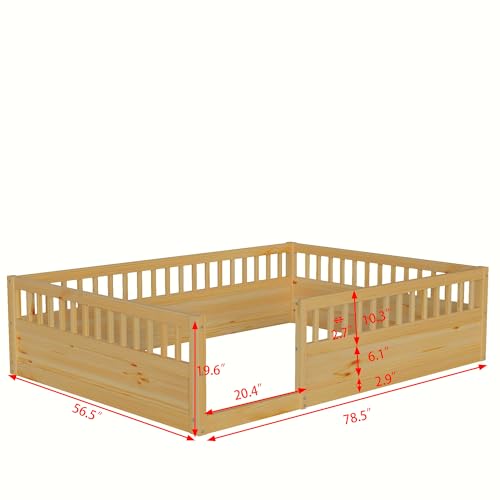 Favfurish Full Size Montessori Floor Bed, Solid Wood Playhouse Bedframe with Safety High Fence for Kids, Girls, Boys, Bedroom, Playroom, Easy Assembly & No Box Spring Needed, Natural