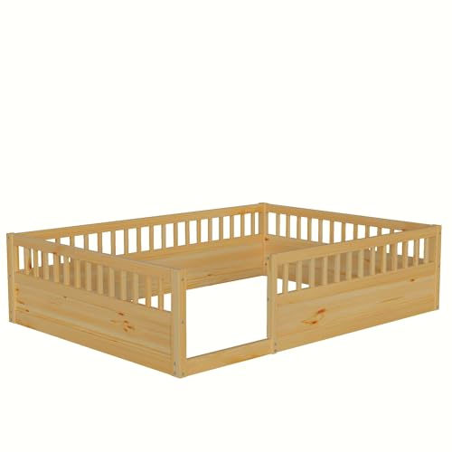 Favfurish Full Size Montessori Floor Bed, Solid Wood Playhouse Bedframe with Safety High Fence for Kids, Girls, Boys, Bedroom, Playroom, Easy Assembly & No Box Spring Needed, Natural