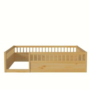 Favfurish Full Size Montessori Floor Bed, Solid Wood Playhouse Bedframe with Safety High Fence for Kids, Girls, Boys, Bedroom, Playroom, Easy Assembly & No Box Spring Needed, Natural