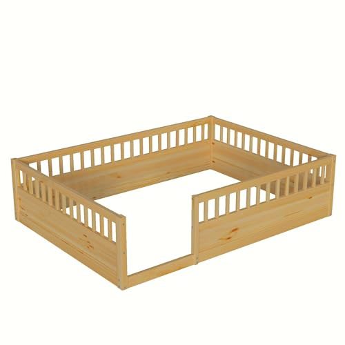 Favfurish Full Size Montessori Floor Bed, Solid Wood Playhouse Bedframe with Safety High Fence for Kids, Girls, Boys, Bedroom, Playroom, Easy Assembly & No Box Spring Needed, Natural