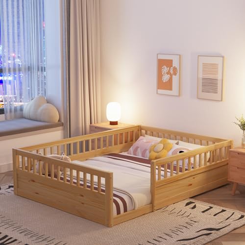 Favfurish Full Size Montessori Floor Bed, Solid Wood Playhouse Bedframe with Safety High Fence for Kids, Girls, Boys, Bedroom, Playroom, Easy Assembly & No Box Spring Needed, Natural