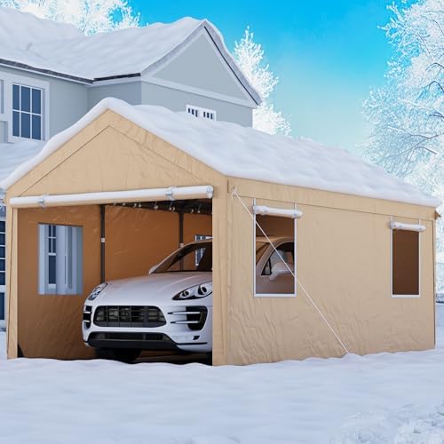 SANWAY 10'x20' Heavy Duty Carport with Removable Sidewalls & Doors, Portable Garage with Roll-up Ventilated Windows, Beige