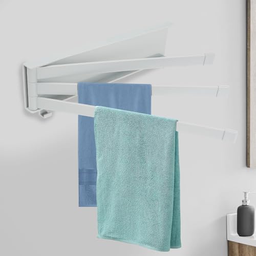 Swivel Towel Bar-3-Arm Bathroom Towel Rack 180° Rotating with Double-sided Tape No Nail Self-adhesive Hand Towel Holder No Nail Wall Mount Dish Rag Dishcloths Washcloth Storage Organizer Hanger（White）