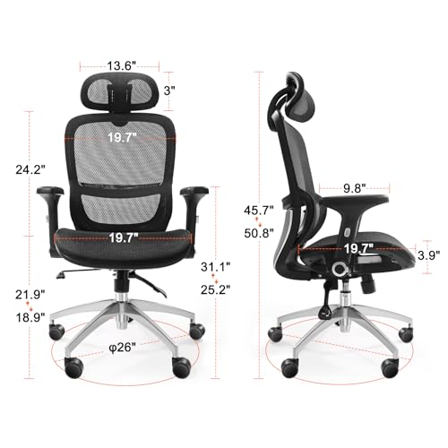 VEVOR Mesh Office Chair, Adjustable High Back Desk Chair with Mesh Seat, Angle and Height Adjustable Home Office Chair with Lumbar and Head Support, Swivel Computer Task Chair