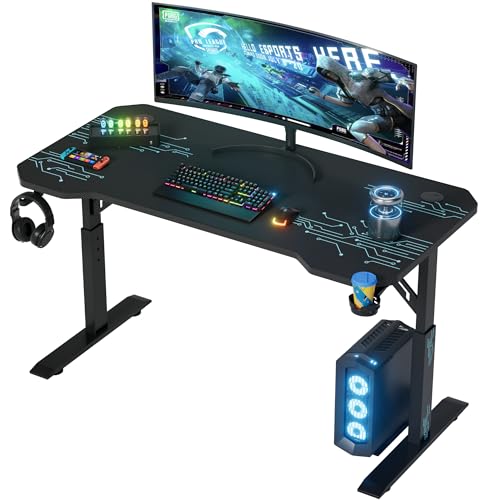 Shahoo Gaming Desk with Full Mouse Pad, Manual Adjustable Height Computer Table with Headphone Hook and Cup Holder, Black, 55 Inch