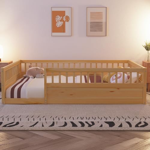 Favfurish Full Size Montessori Floor Bed, Solid Wood Playhouse Bedframe with Safety High Fence for Kids, Girls, Boys, Bedroom, Playroom, Easy Assembly & No Box Spring Needed, Natural