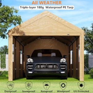 SANWAY 10'x20' Heavy Duty Carport with Removable Sidewalls & Doors, Portable Garage with Roll-up Ventilated Windows, Beige