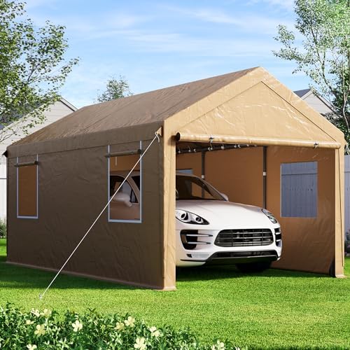 SANWAY 10'x20' Heavy Duty Carport with Removable Sidewalls & Doors, Portable Garage with Roll-up Ventilated Windows, Beige