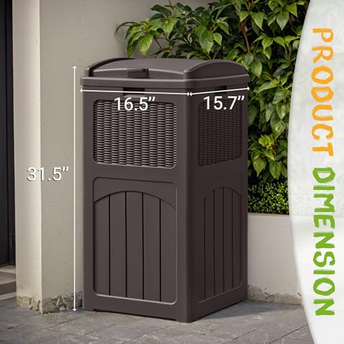 YESHOMY 33 Gallon Resin Outdoor Trash Can with Lid, Hideaway Waterproof Patio Garbage Bin, Dark Brown