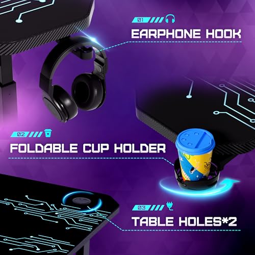 Shahoo Gaming Desk with Full Mouse Pad, Manual Adjustable Height Computer Table with Headphone Hook and Cup Holder, Black, 55 Inch