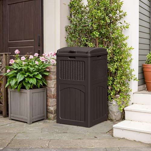 YESHOMY 33 Gallon Resin Outdoor Trash Can with Lid, Hideaway Waterproof Patio Garbage Bin, Dark Brown