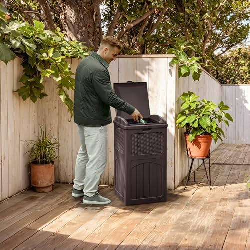 YESHOMY 33 Gallon Resin Outdoor Trash Can with Lid, Hideaway Waterproof Patio Garbage Bin, Dark Brown