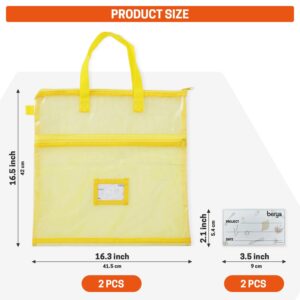 BERYA 16.14 x 16.14 inch Sewing Project Bag, Large Double Pocket Craft Bag Organizer Tote with Handles, Clear Mesh Art Supply Bag for Quilting, Knitting, Embroidery Projects Storage (Yellow-2 Pack)