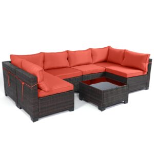 leveleve 7 pieces outdoor patio furniture sets,rattan conversation sectional set,manual weaving wicker patio sofa with tea table