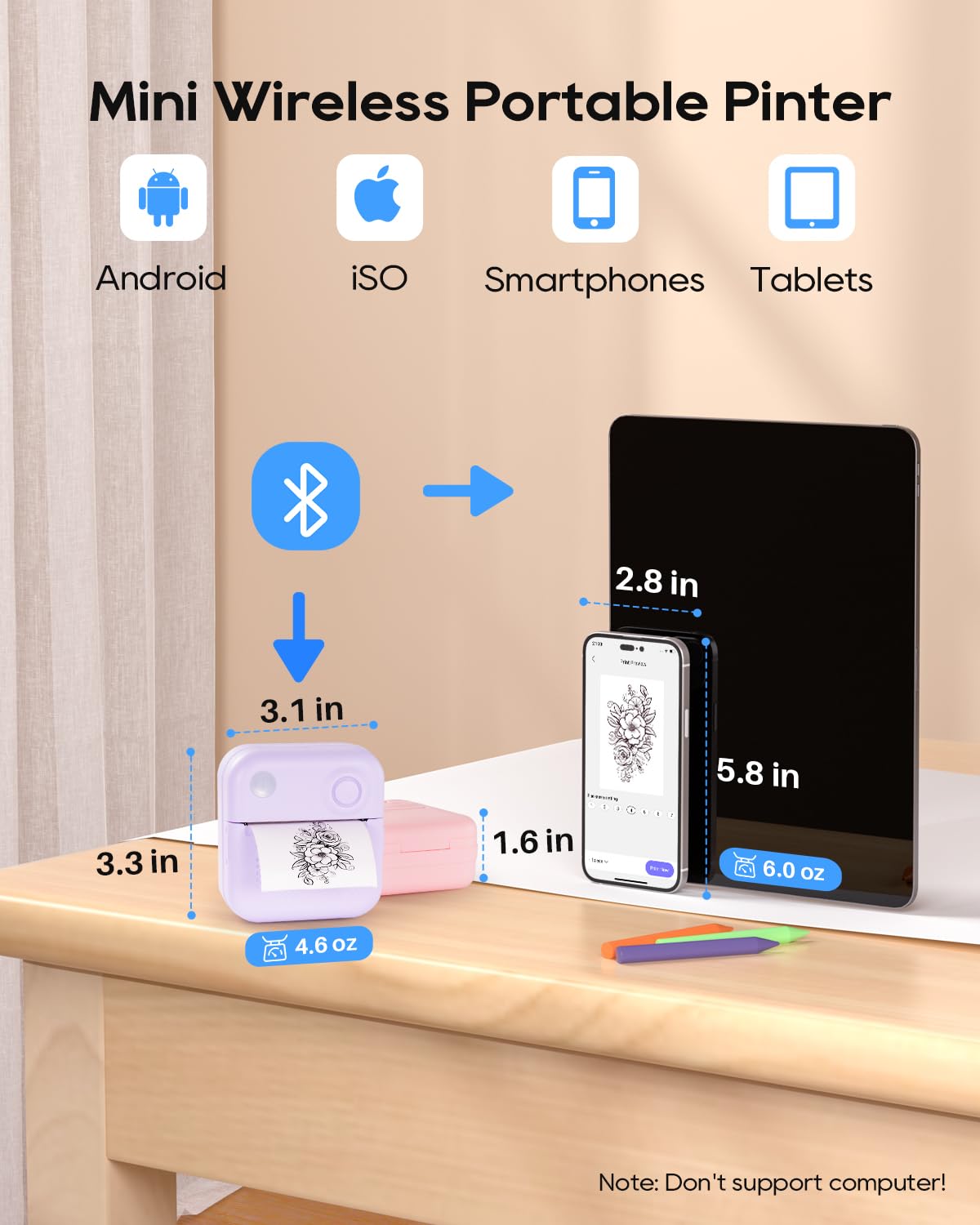 Print Pods Mini Thermal Printer Inkless Sticker Maker, Tiny Pocket Printer Machine for Phone, Wireless Bluetooth Portable Printers for Printing Sticky Note Label Receipt for Home Office School Purple