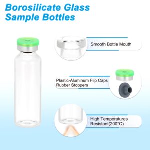 PATIKIL 12pcs 30ml Clear Borosilicate Glass Sample Vials with Aluminum Plastic Cap and Rubber Stopper for Lab Solid Liquid Powder Storage, Green Silver Tone