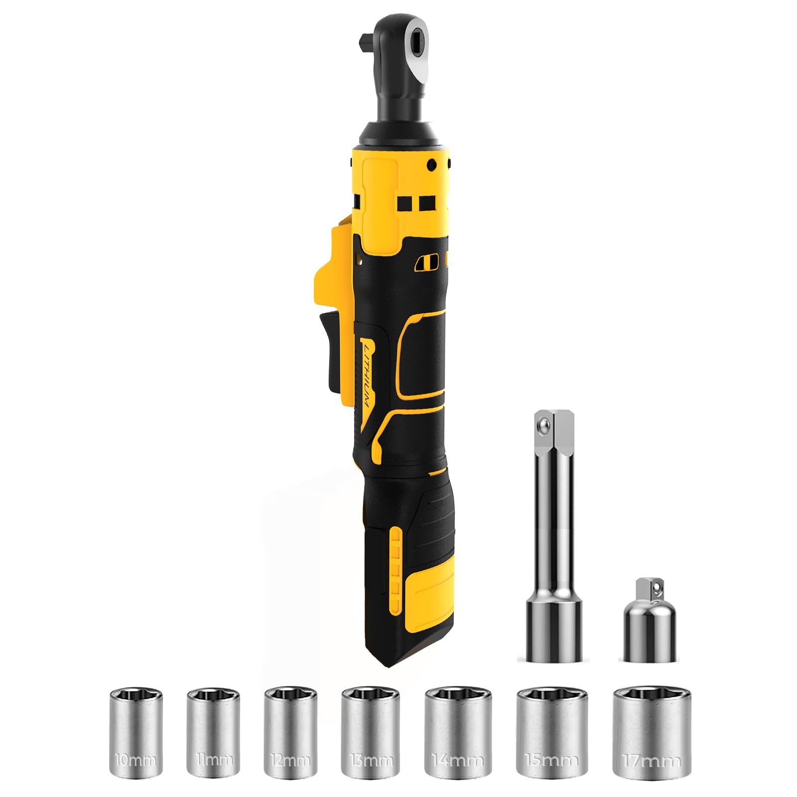 Electric Ratchet, 3/8" 21V Power Cordless Ratchet, with Variable Speed and Trigger Safety Lock, LED Light, 7 Sockets, 1/4" Drive Adapter, 3" Extension Rod(Tool Only, Battery not Included)