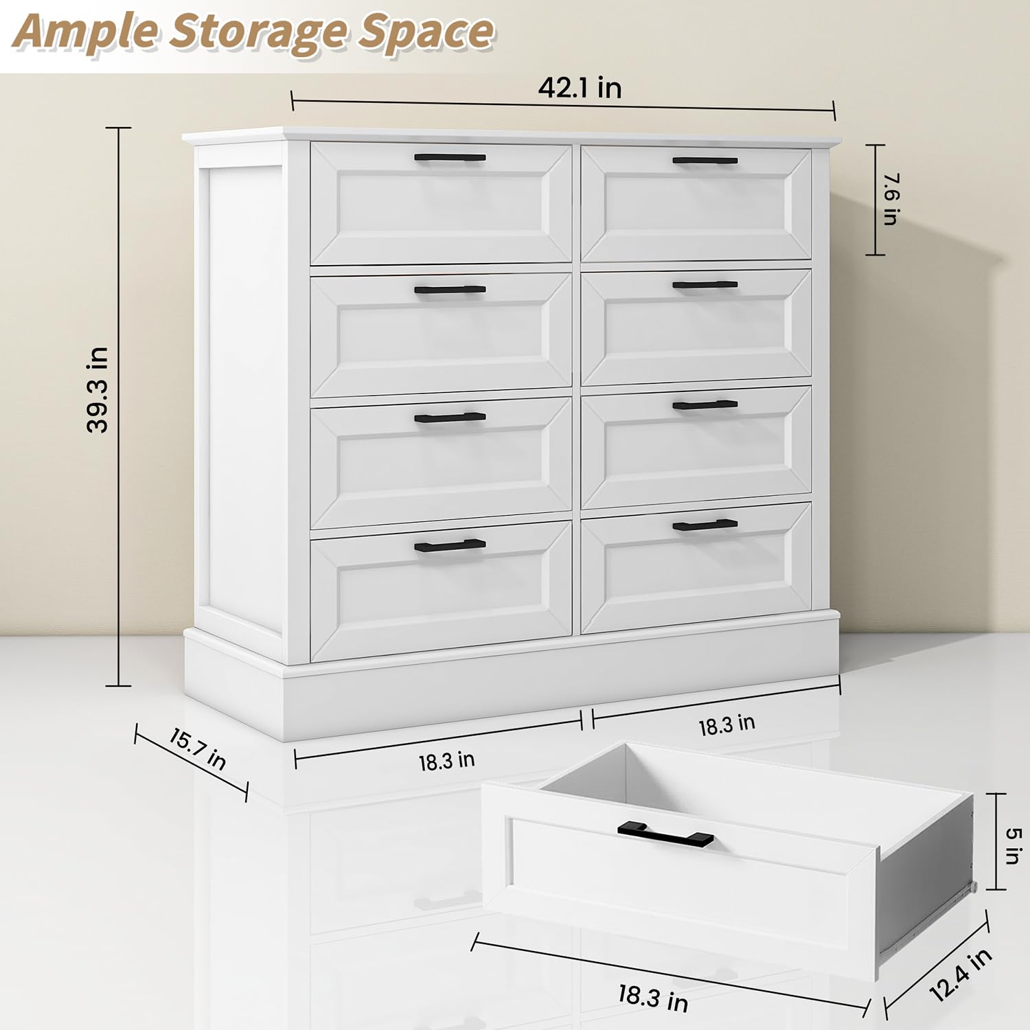 ZLWJGY White Dresser for Bedroom, Wood Dresser with 8 Drawers, Chest of Drawer for Bedroom Living Room Entryway Hallway, Modern Farmhouse Style