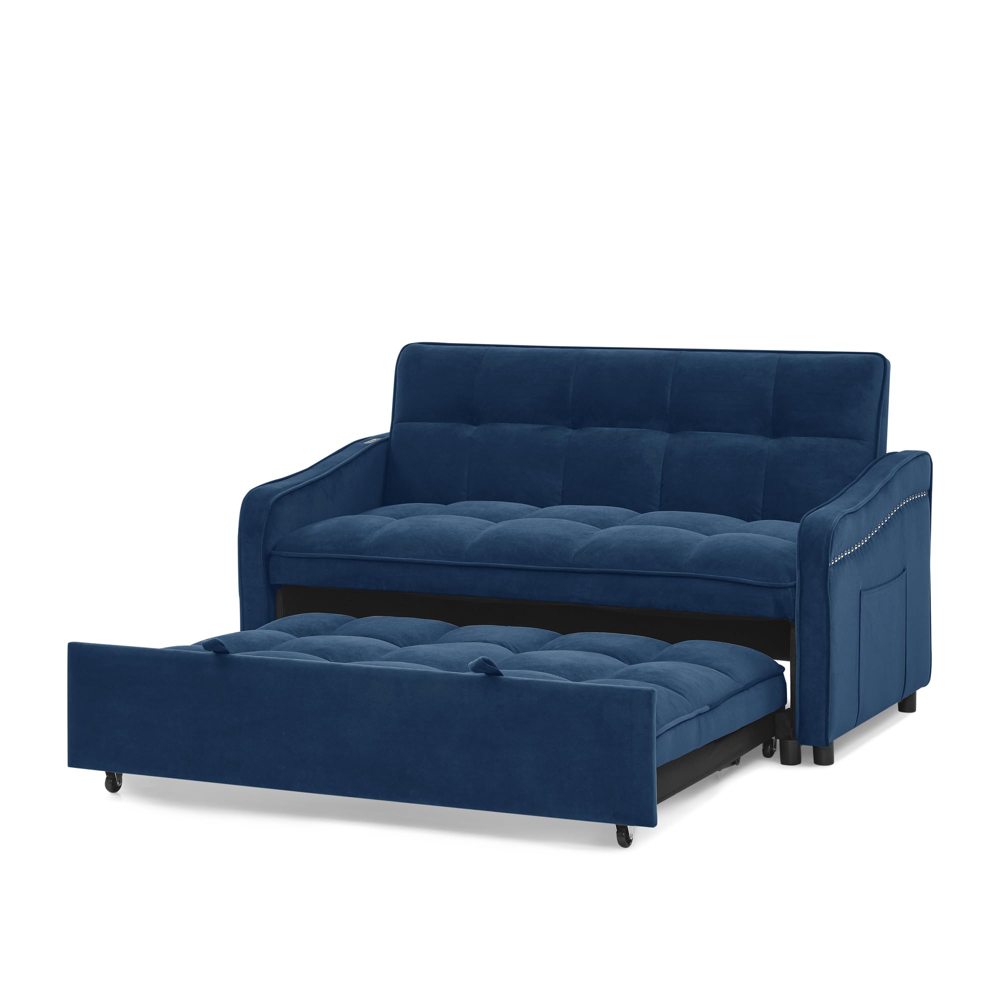 Ball & Cast Velvet Sleeper Sofa Bed, 3 in 1 Convertible Couch with Adjsutable Back and Two Arm Pockets, 53" Loveseat with Type C and USB Charging for Living Room, Apartment,Blue