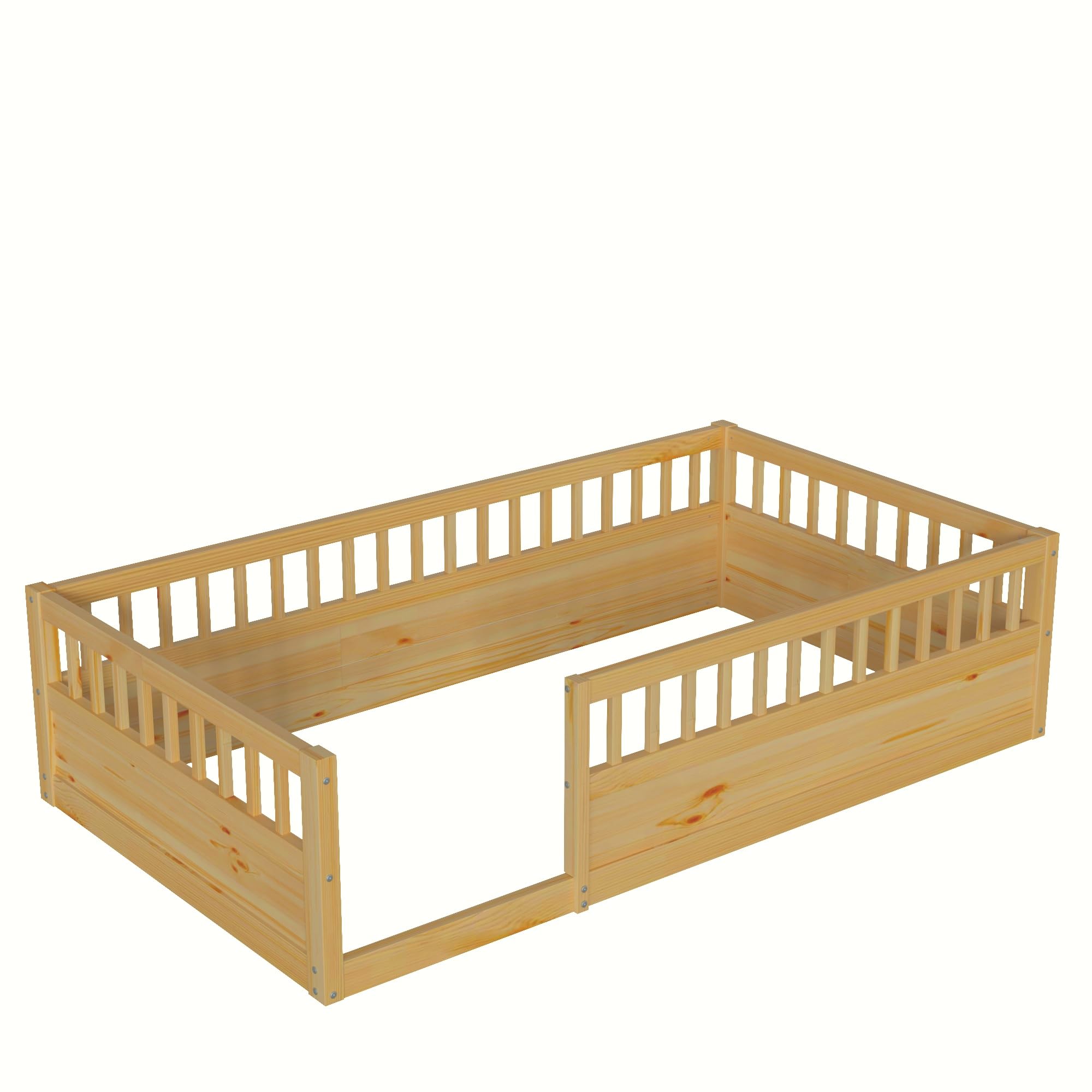 Favfurish Twin Size Montessori Floor Bed, Solid Wood Playhouse Bedframe with Safety High Fence for Kids, Girls, Boys, Bedroom, Playroom, Easy Assembly & No Box Spring Needed, Natural