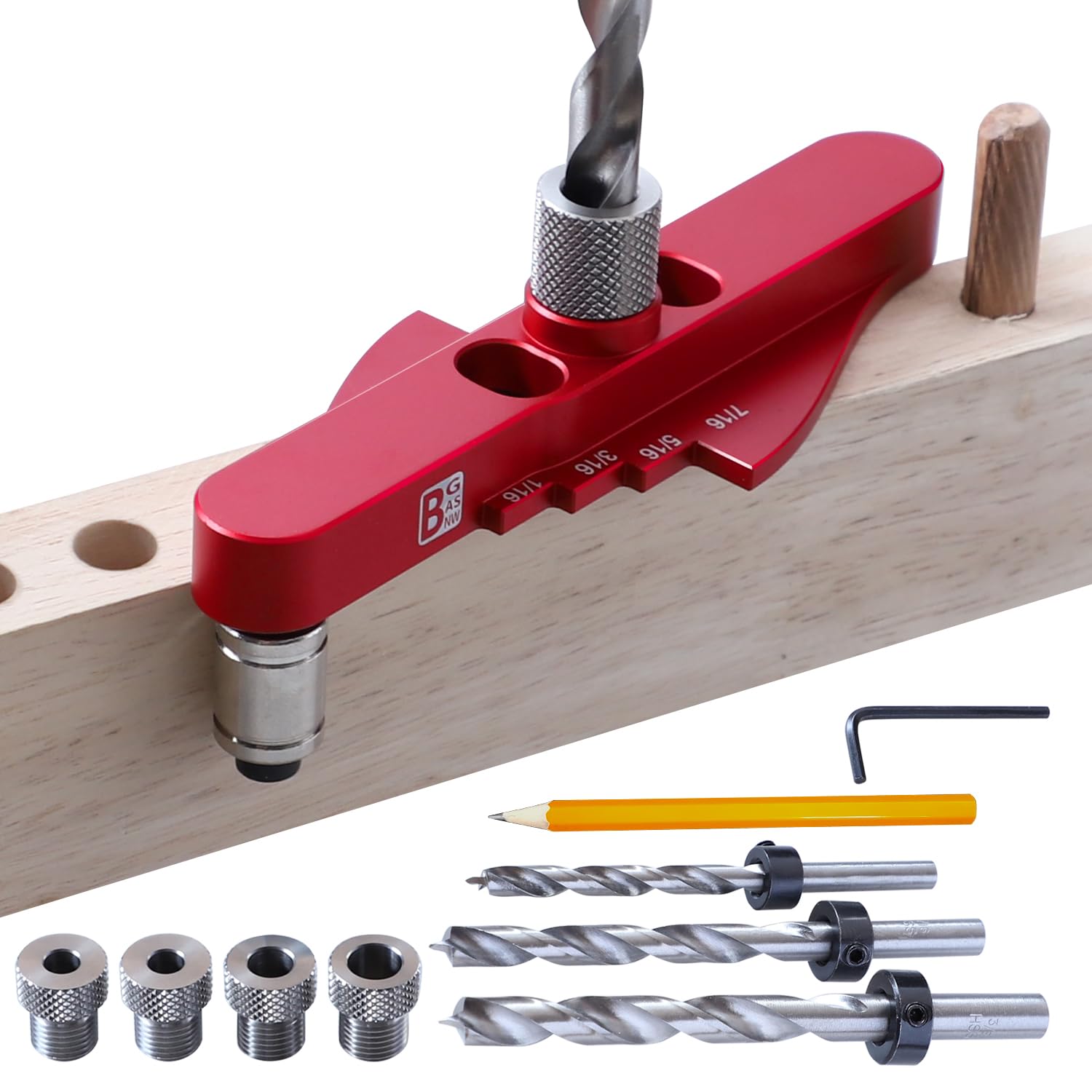 BGASNW Dowel Jig Kit, Doweling Jig for Woodworking, Self-centering Line Scriber Woodworking Tools, Drill Guide for Straight Holes with Drill Bit Set 1/4", 5/16", 3/8" and Drill Bit Stop Collar Set