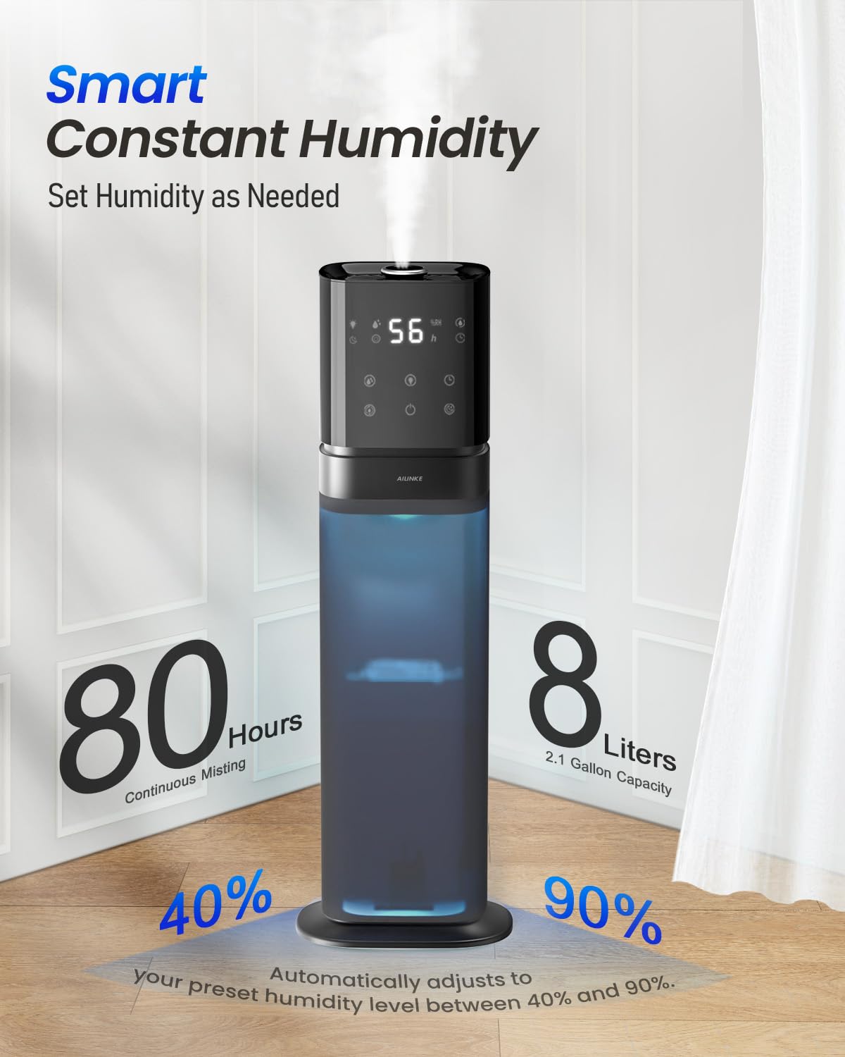 AILINKE Smart Humidifier Large Room, 2.1Gal/8L Humidifiers for Bedroom with Extended Tube&Night Light, Whole House Cool Mist Humidifiers 1000 sq.ft., WIFI App&Voice Control, School/Office/Warehouse