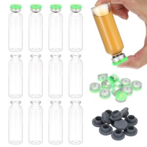 patikil 12pcs 30ml clear borosilicate glass sample vials with aluminum plastic cap and rubber stopper for lab solid liquid powder storage, green silver tone