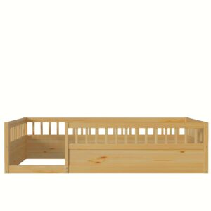 Favfurish Twin Size Montessori Floor Bed, Solid Wood Playhouse Bedframe with Safety High Fence for Kids, Girls, Boys, Bedroom, Playroom, Easy Assembly & No Box Spring Needed, Natural