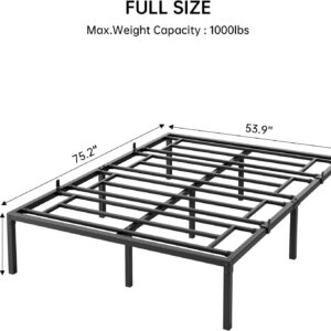 SUNNYFURN Full Size Metal Bed Frame, 14 Inch Heavy Duty Full Bed Frame with Storage Space Under Bed, Mattress Foundation and No Box Spring Needed, Noise Free, Black, Full Size