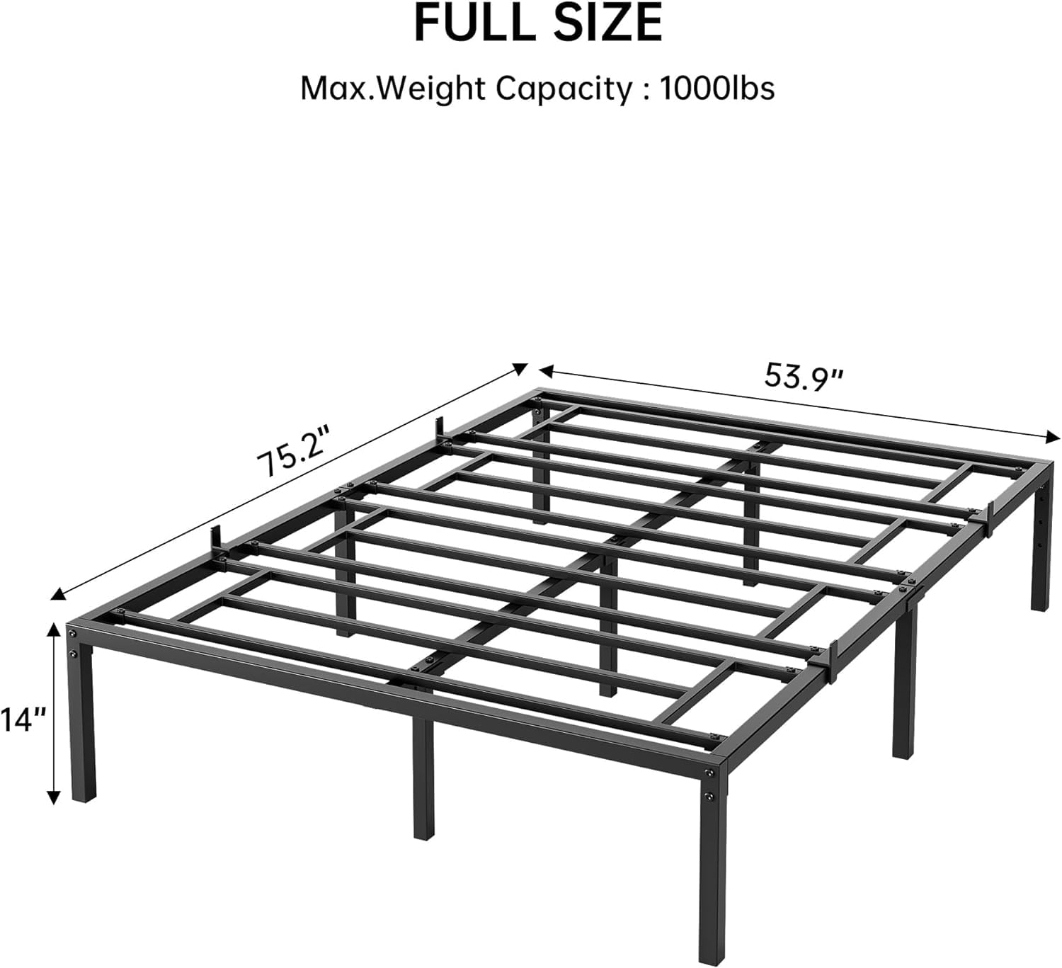 SUNNYFURN Full Size Metal Bed Frame, 14 Inch Heavy Duty Full Bed Frame with Storage Space Under Bed, Mattress Foundation and No Box Spring Needed, Noise Free, Black, Full Size