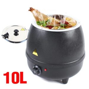 Black Commercial Soup Pot 400W 10 Liter 110V Electric Commercial Soup Kettle Countertop Food Warmer Pot Restaurant with Stainless Steel Hinged Lid Detachable Pot